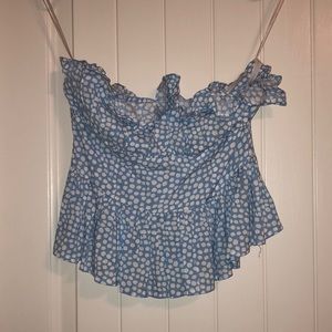 Light blue & white polka dot sleeveless ruffle top